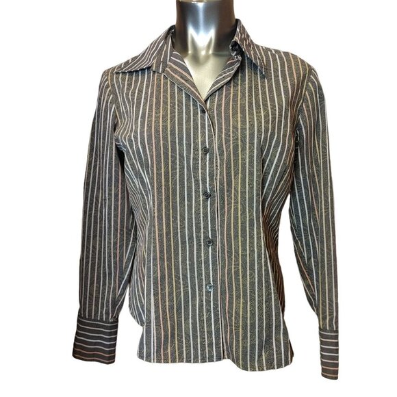 O SHIRT Womens Brown Tan Striped Long Sleeve Button Up Shirt Top - Picture 1 of 3